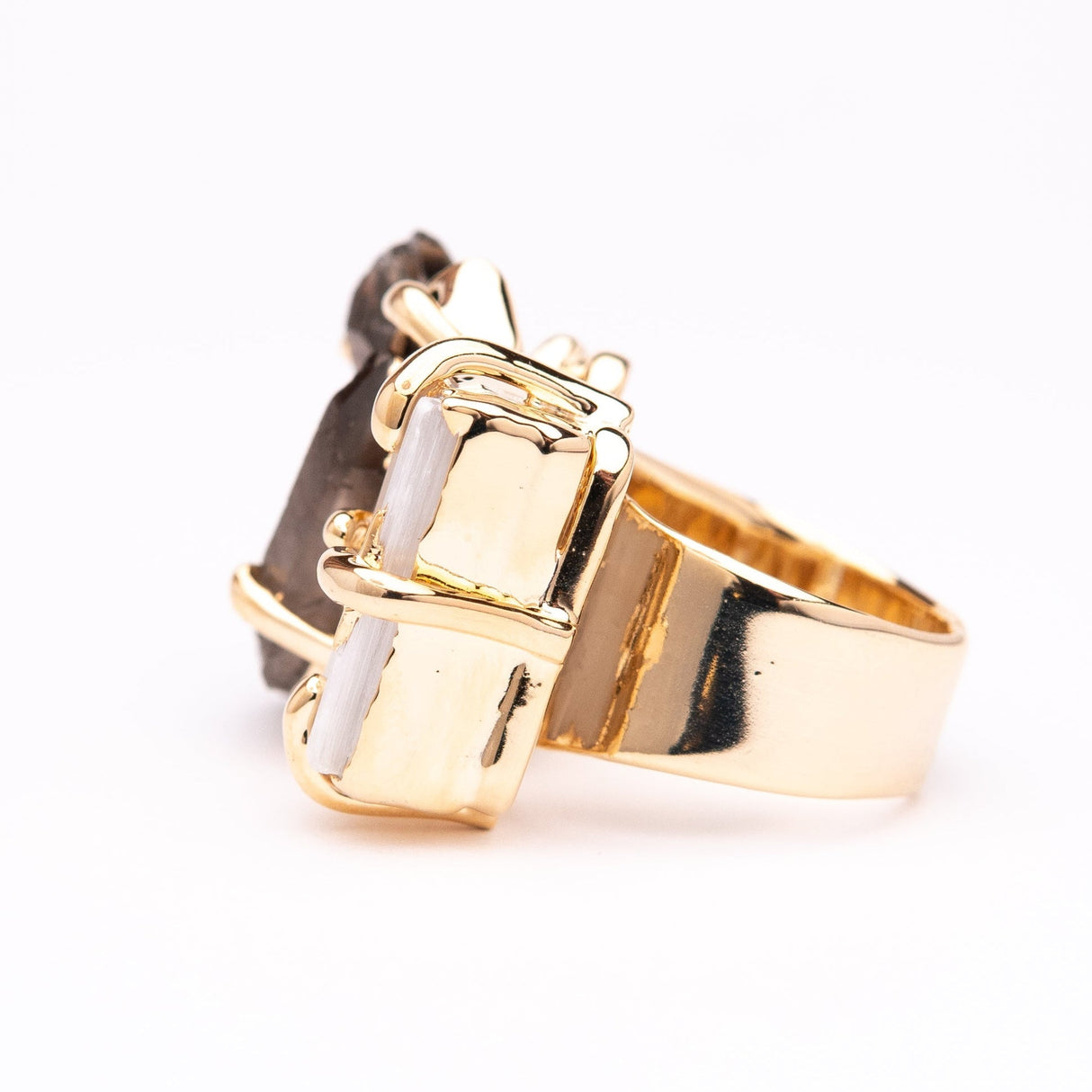 Каблучка з димчастим кварцом та селенітом з позолотою дуал onesize Sqse-3
