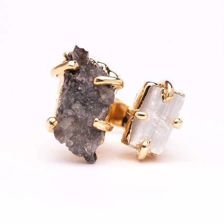 Каблучка з димчастим кварцом та селенітом з позолотою дуал onesize Sqse-4