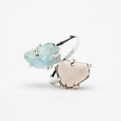 Каблучка з аквамарином та димчастим кварцом з посрібленням дуал onesize AqSq-4