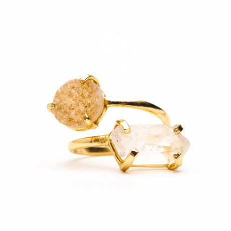 Каблучка з агатовою друзою та гірським кришталем з позолотою дуал onesize AzRc-2