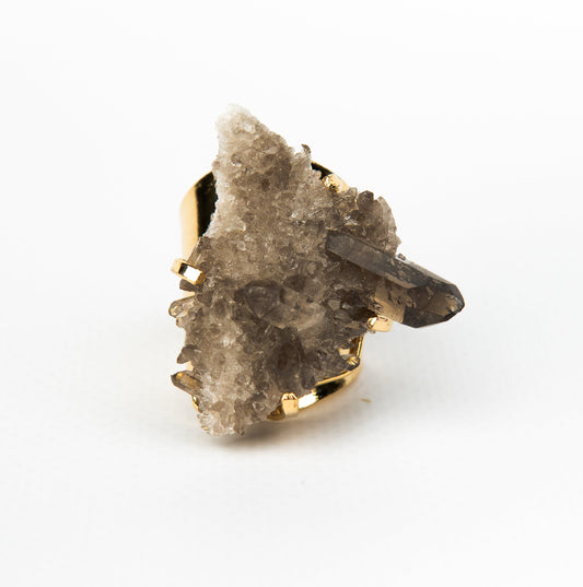 Каблучка з Димчастим кварцом з позолотою onesize Sq-145