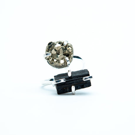 Каблучка з піритом та турмаліном з посрібленням onesize Py-22
