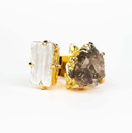 Каблучка з Димчастим кварцом та селенітом з позолотою onesize Sq-2